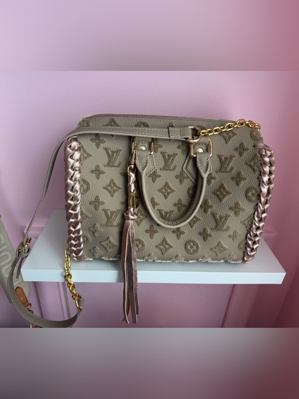 Louis Vuitton Luxury Beige Monogram Satchel with Braided Trim